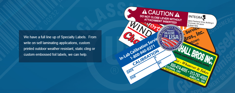 Banner Ad Showing Specialty Labels, Static Cling, Foil and Outdoor Labels